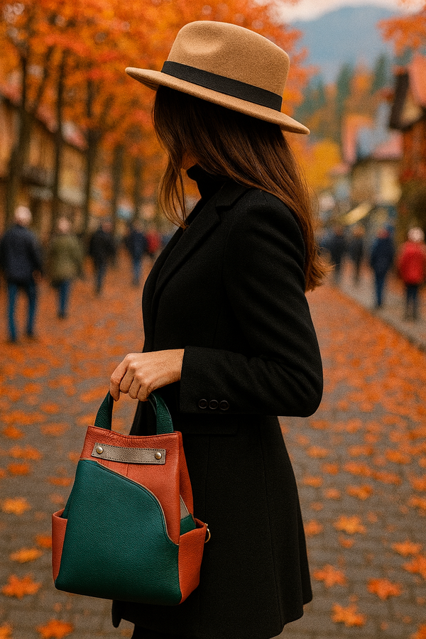 Rucsac Piele, Model Pretta- 177 Multicolor Verde- Caramiziu- Taupe