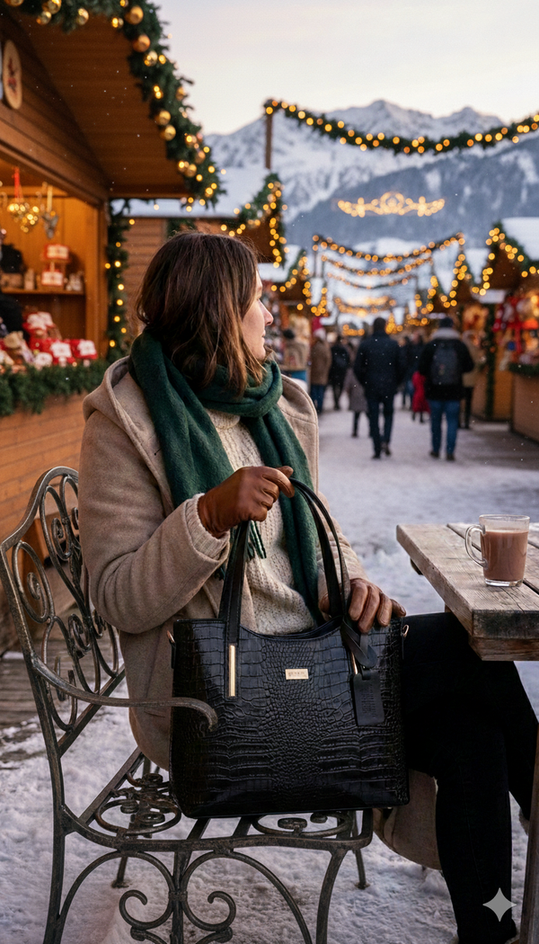 Geanta Piele, Model Pretta- 8152 Negru Croco