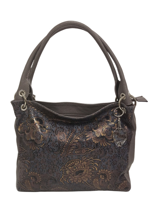 Geanta Piele, Model Pretta-9100 Floral Gri Fumuriu