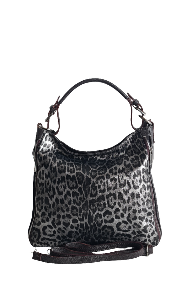 Geanta Piele, Model Pretta Animal Print Gri Sidefat-Maron