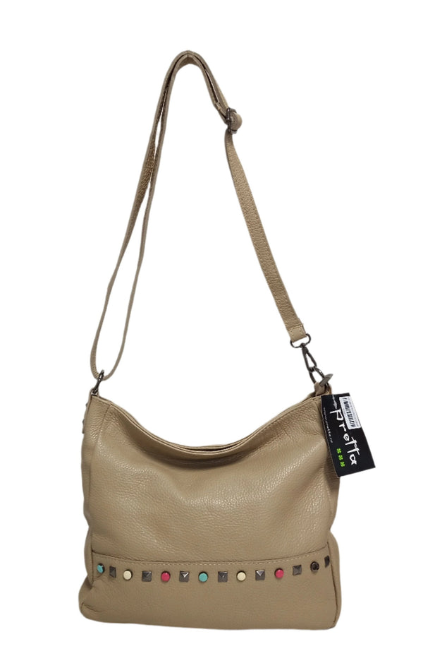 Geanta Piele, Tip Postas, Model Pretta- 149 Taupe- Accesorii Rosu-Blu-Alb