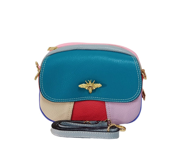 Geanta Piele tip Postas, UNICAT, Model Pretta- 322 Multicolor Turcoaz-Alb