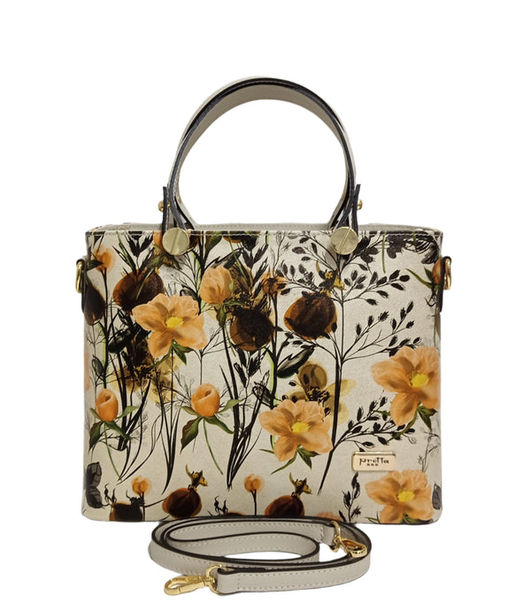 Geanta Piele, Medie, Model Pretta- 1553 Floral Crem