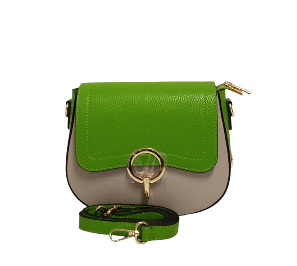 Geanta Piele, Tip Postas, Model Pretta-183 Multicolor Verde-Bej
