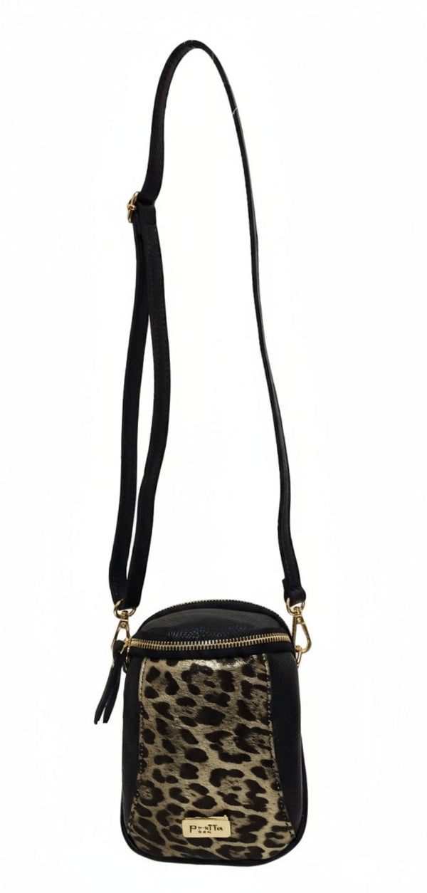 Gentuta Piele, tip Postas, Model Pretta- 100 Negru Print Bronz