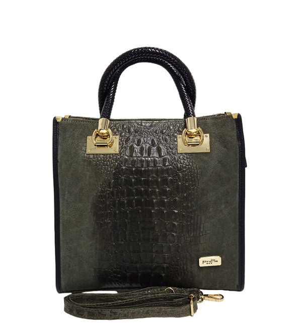 Geanta Piele, Model Pretta 1551 Animal Print Verde- Negru