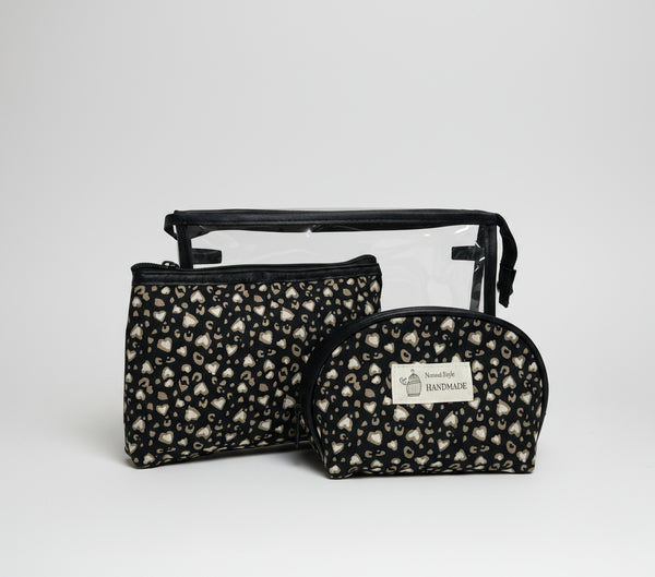 Set cosmetica (3 in 1)- Textil/ PVC- Negru- Maron- Bej