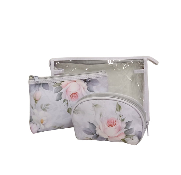 Set cosmetica (3 in 1)- Textil/ PVC- Floral - Alb
