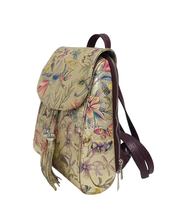 Rucsac Piele, Model Pretta 8108 Auriu Floral-Bordo