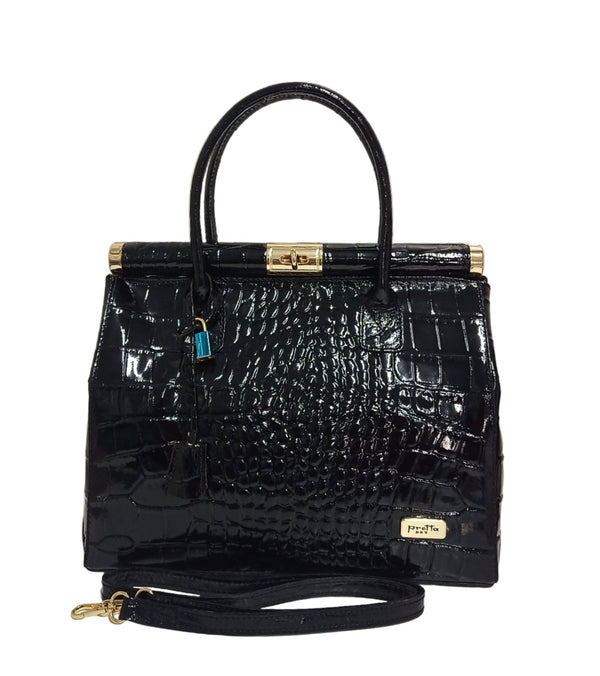 Geanta Piele, Model Pretta- 8173 Croco Print Negru Lucios