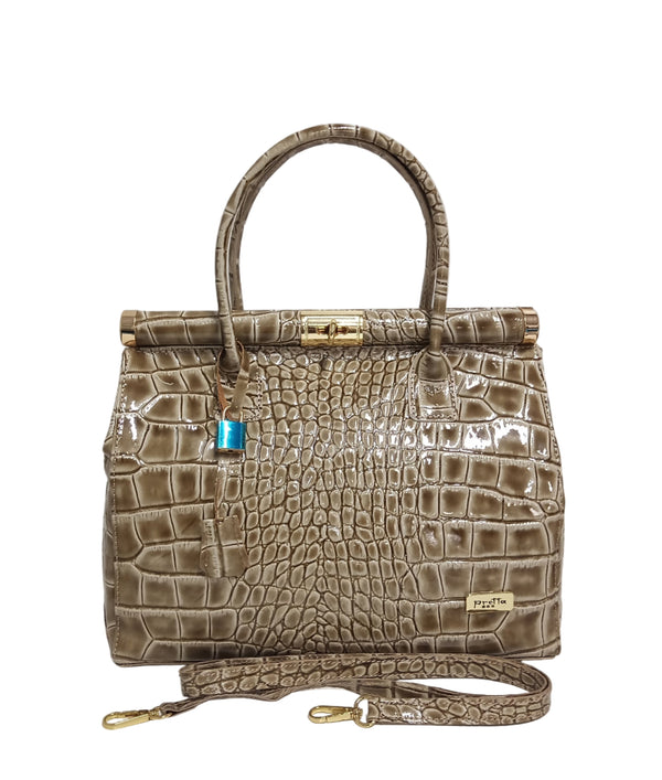 Geanta Piele, Model Pretta- 8173 Croco Print Taupe Lucios