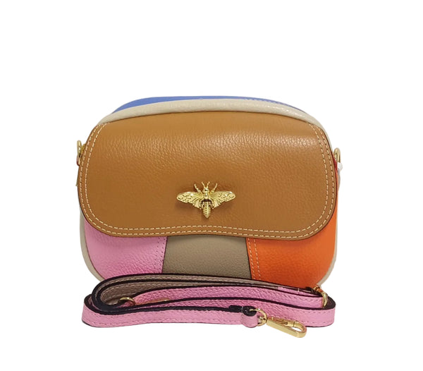 Geanta Piele, Tip Postas, UNICAT, Model Pretta- 322 Multicolor Camel- Alb