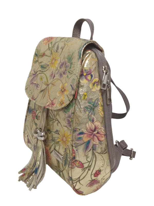 Rucsac Piele, Model Pretta- 8108 Floral Auriu Gri Fum
