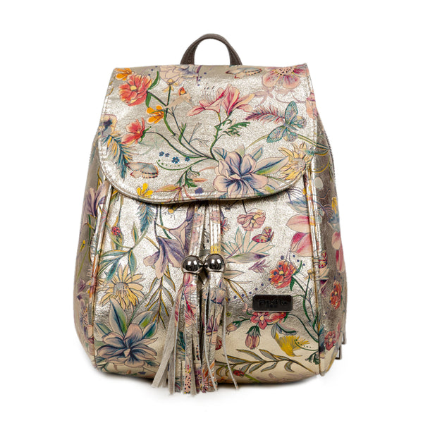 Rucsac Piele, Model Pretta 8108 Auriu Floral-Taupe