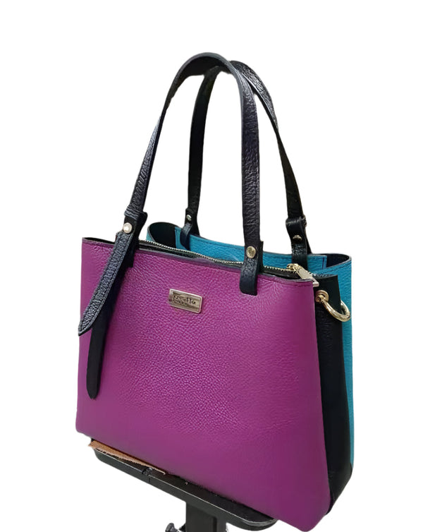 Geanta Piele, 2 FEȚE, Model Pretta- 7040 Magenta- Negru- Turcoaz
