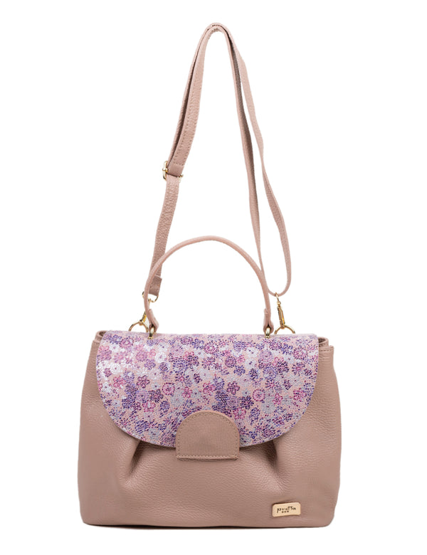 Geanta Piele, Model Pretta-955 Roz Pudra Floral