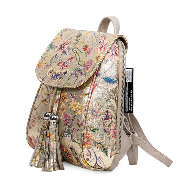 Rucsac Piele, Model Pretta 8108 Auriu Floral-Natural Bej
