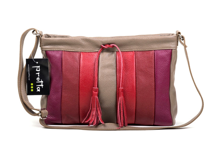Geanta Piele, Model Pretta-185 Multicolor Rosu-Taupe-Visiniu