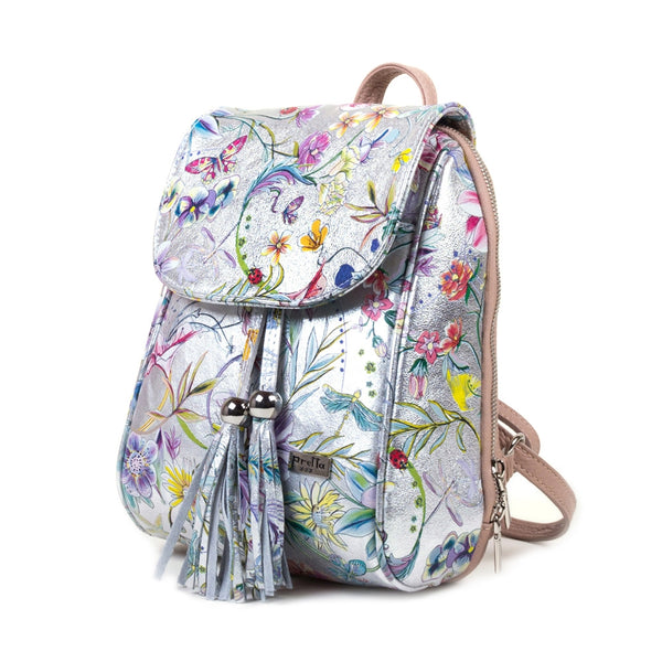 Rucsac Piele, Model Pretta 8108 Argintiu Floral-Roz Pudra