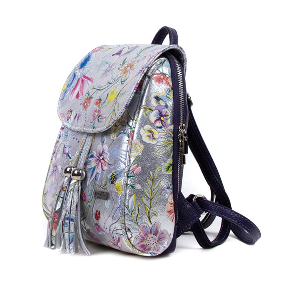 Rucsac Piele, Model Pretta 8108 Argintiu Floral-Mov